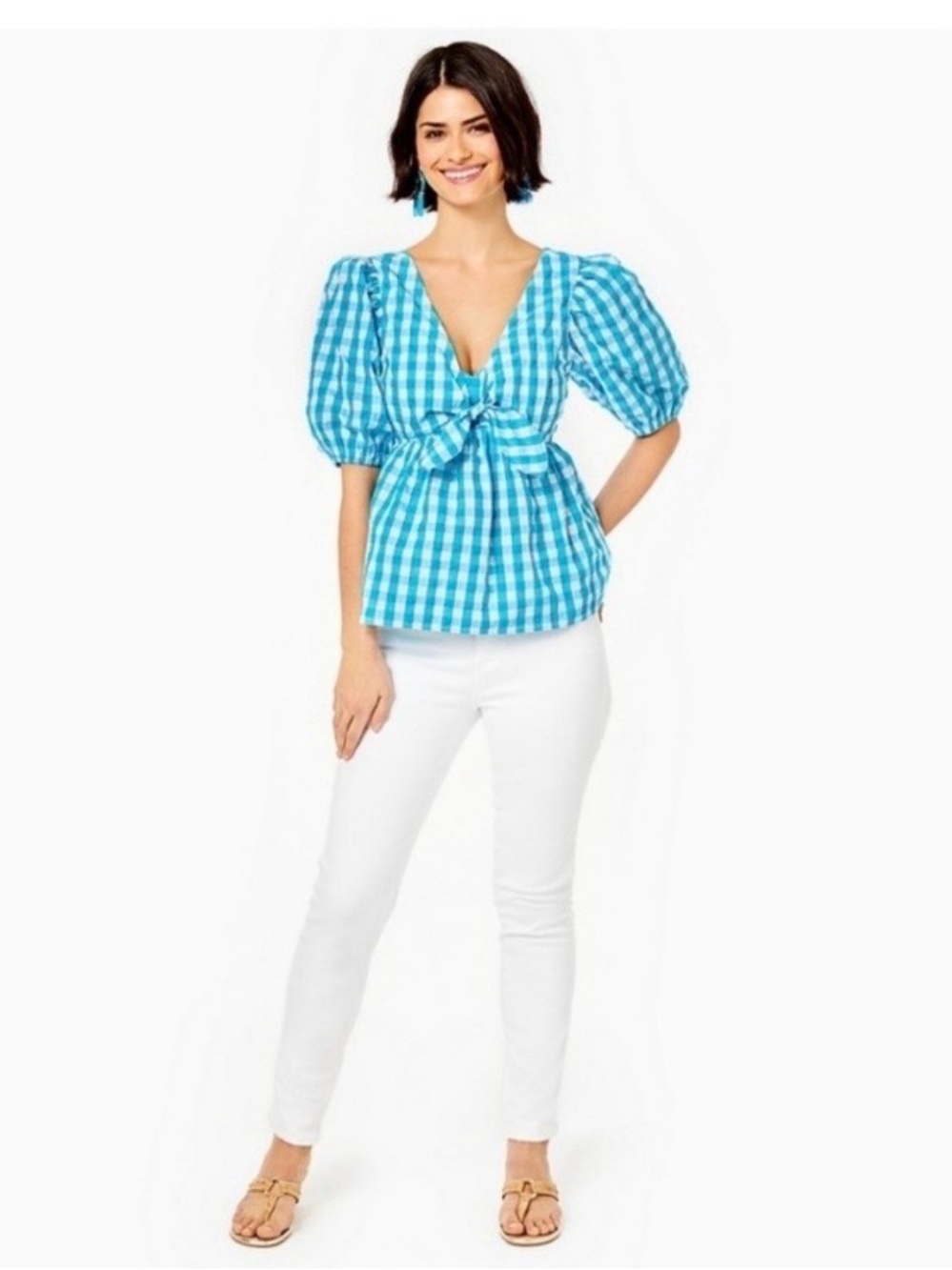 Lily Pulitzer Sarafina Short Sleeve Blue White Smocked Gingham Babydoll Shirt 12